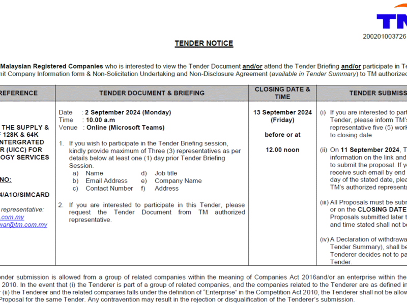 Tender For The Supply & Delivery of 128k & 64k Univercal Intergrated Circuit CADR (UICC) For TM Technology Services Sdn Bhd