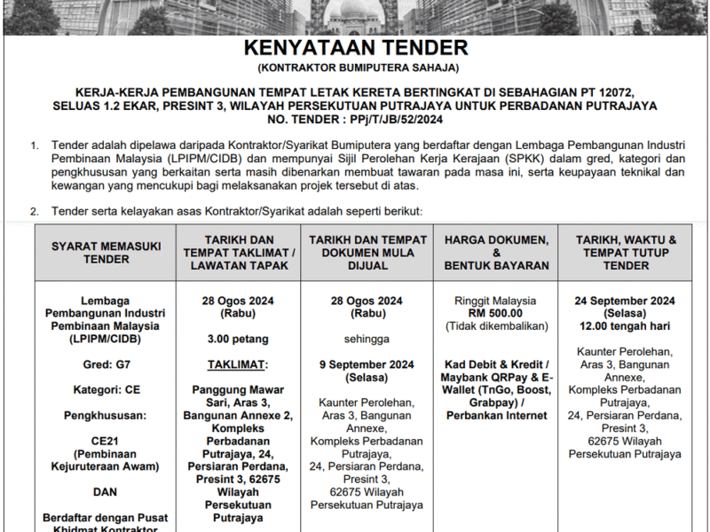 Kerja-Kerja Pembangunan Tempat Letak Kereta Bertingkat di Sebahagian PT 12072, Seluas 1.2 Ekar, Presint 3, Wilayah Persekutuan Putrajaya untuk Perbadanan Putrajaya