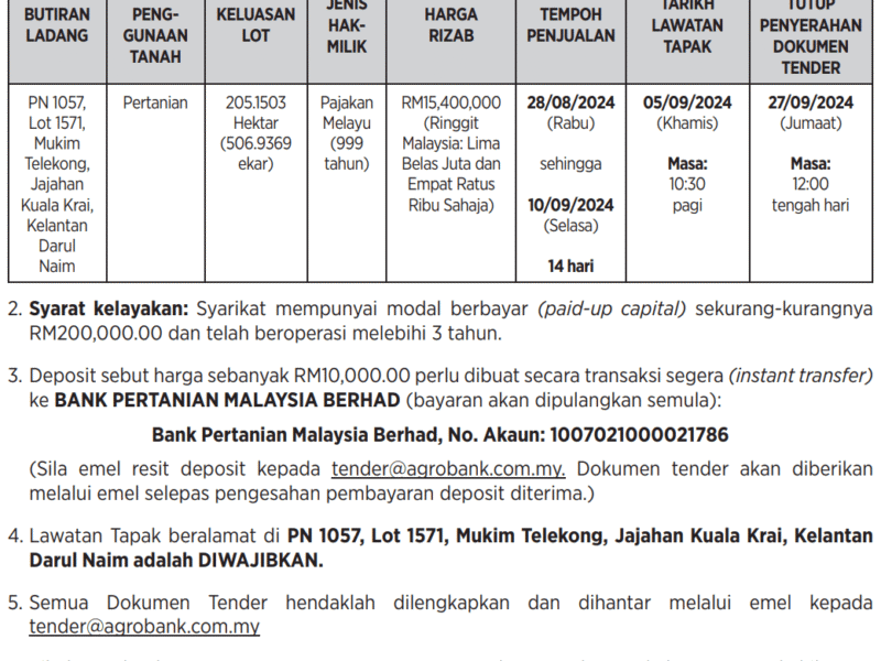 Tender Terbuka untuk Pembelian Tanah Ladang Kelapa Sawit Mukim Telekong, Jajahan Kuala Krai, Kelantan Darul Naim