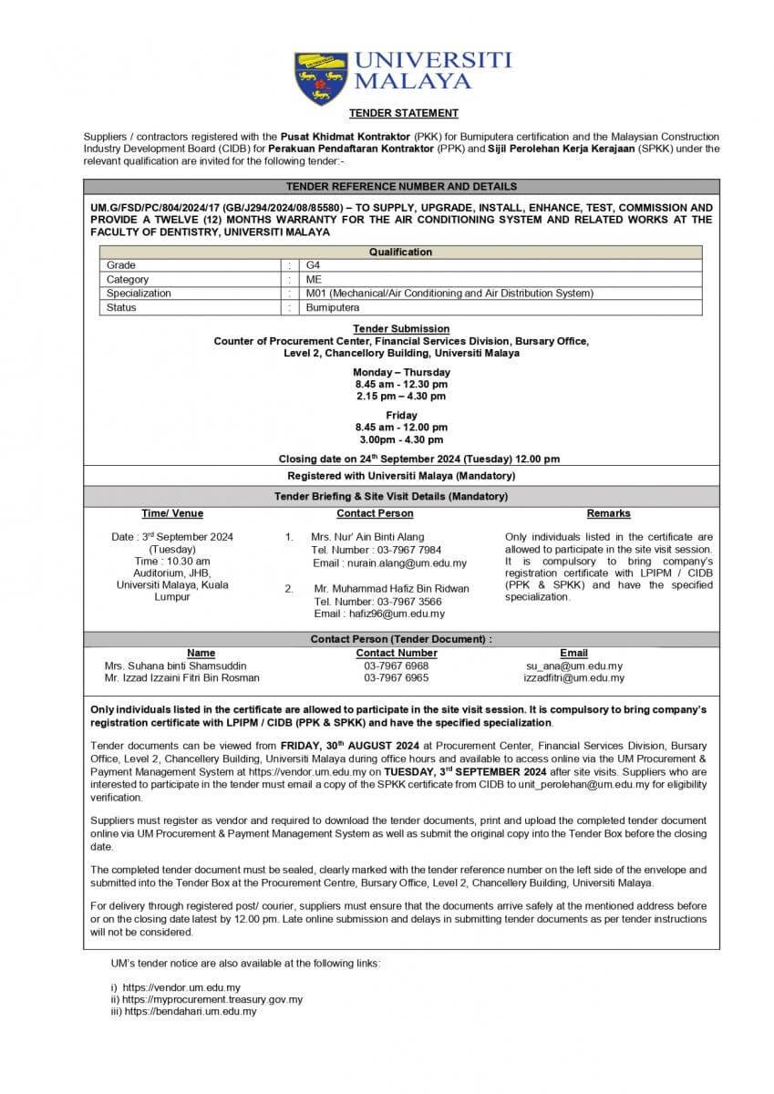 tender aircond universiti malaya english
