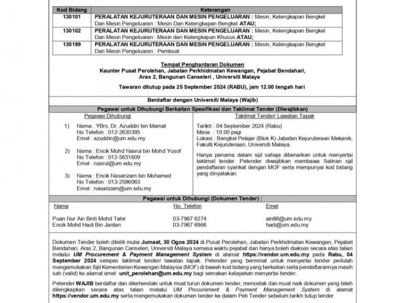 Membekal, Memasang, Menguji, Dan Mentauliah Peralatan Bengkel Di Blok K, Fakulti Kejuruteraan, Universiti Malaya